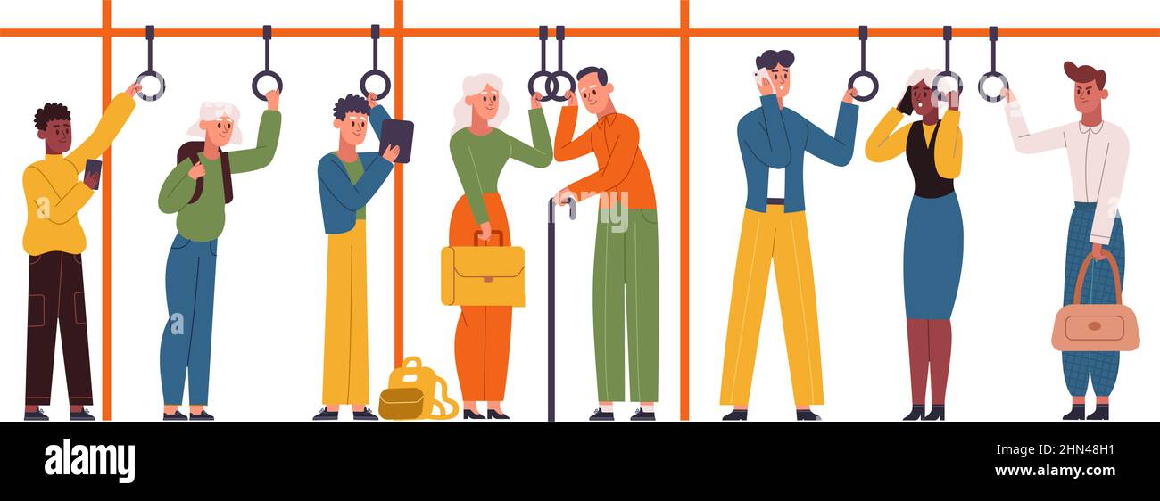 Les passagers des transports publics en ville qui tiennent des poignées dans le train ou le bus. Les voyageurs de transport urbain se tenant dans l'illustration vectorielle du métro. Ville Illustration de Vecteur