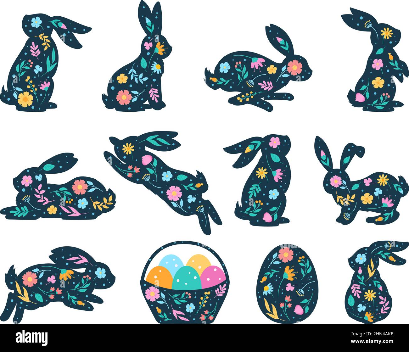 Dessin animé lapin de pâques silhouette, mignon lapin de printemps et éléments d'oeufs. Lot d'illustrations vectorielles de lapins de pâques fleuris silhouettes. Petits lapins mignons Illustration de Vecteur