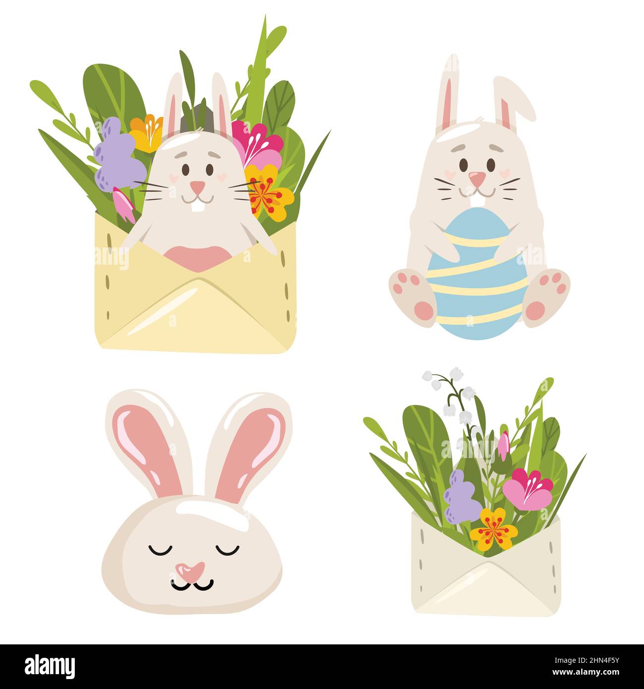 Ensemble de printemps mignon. Lapin de Pâques avec un œuf et dans une enveloppe postale. Illustration de Vecteur