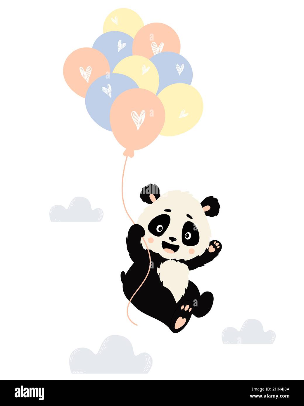 Le joli personnage de panda vole sur des ballons avec des nuages. Illustration vectorielle. Adorable animal de style scandinave pour la crèche et les affiches, la crèche Illustration de Vecteur