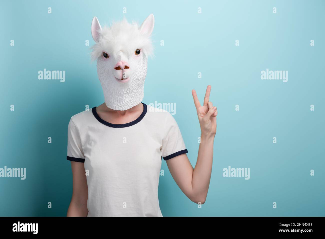 Femme en masque alpaga avec le signe de la liberté de la victoire de la paix de la main, isolée sur fond bleu Banque D'Images