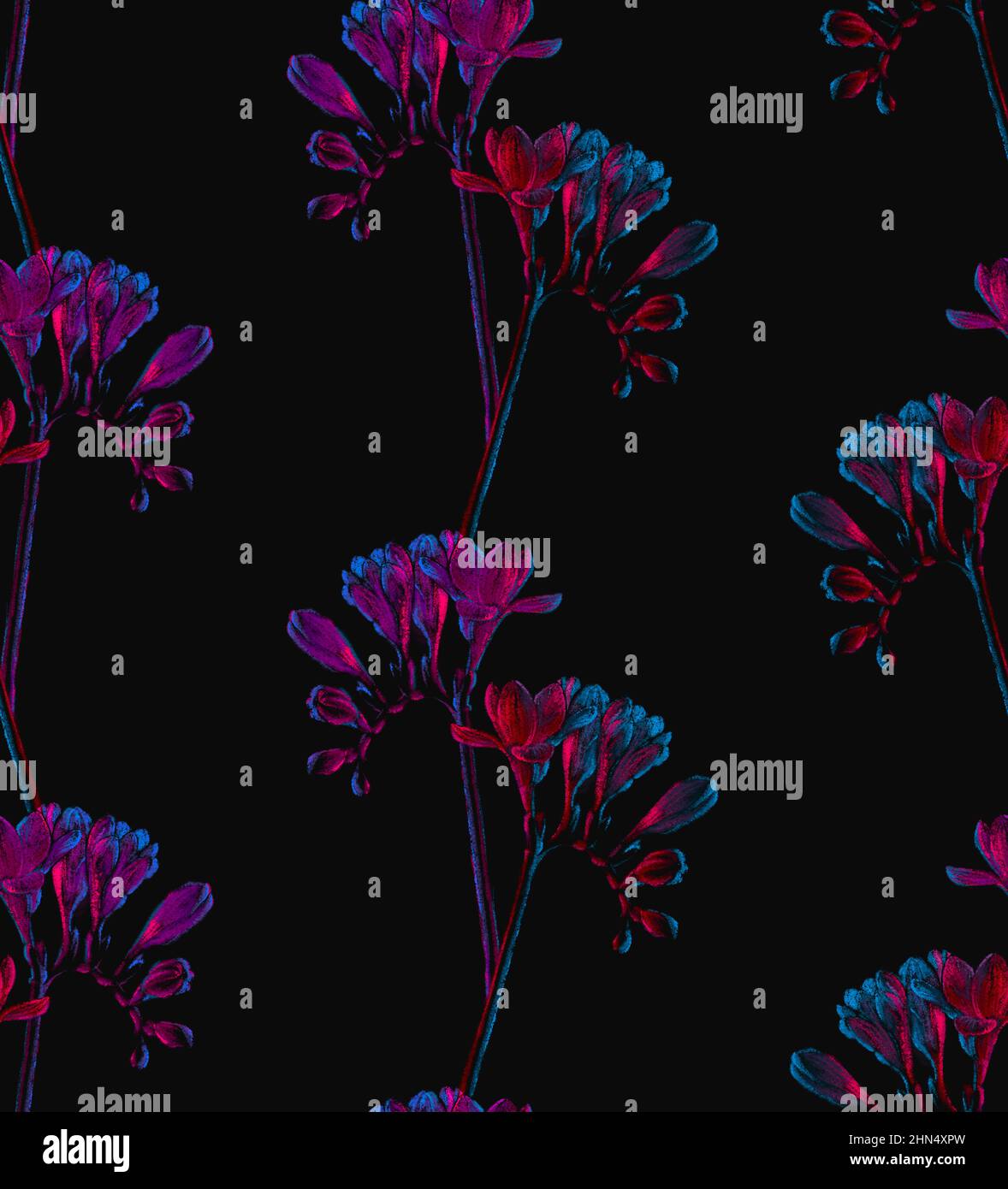 FREESIA fleurs, motif sans couture, couleurs fluo rouge et bleu Banque D'Images