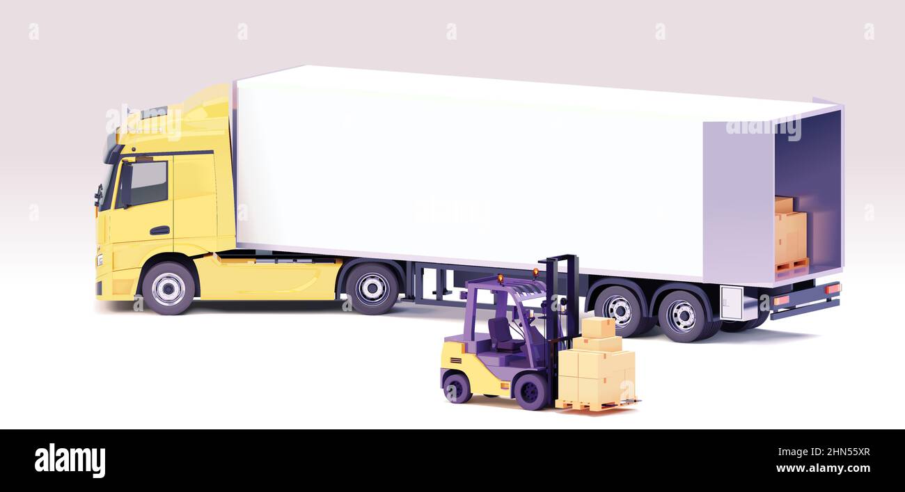 Chariot élévateur Vector chargeant une remorque semi-remorque. Chariot élévateur jaune chargeant des palettes avec des boîtes en carton dans la remorque du chariot Illustration de Vecteur