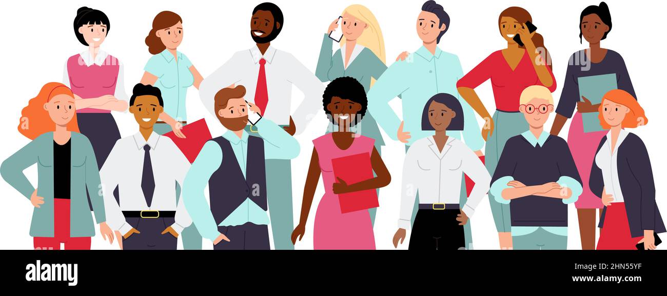 Portrait d'équipe. Sourire divers professionnels ethniques dans le groupe. Les jeunes collègues de travail ensemble dans des vêtements de bureau. Employé décent dans vecteur d'affaires Illustration de Vecteur