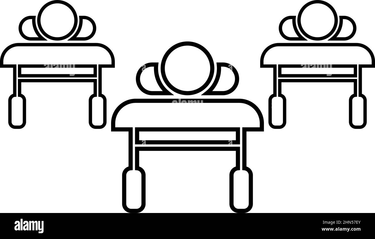 Patients sur les canapés est couché hôpital pandémie concept clinique épidémique contour ligne icône noir couleur vecteur illustration image mince plat Illustration de Vecteur