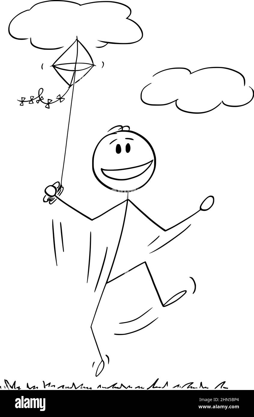 Figurine de figurine de bâton de dessin animé, Person Flying Kite Illustration de Vecteur