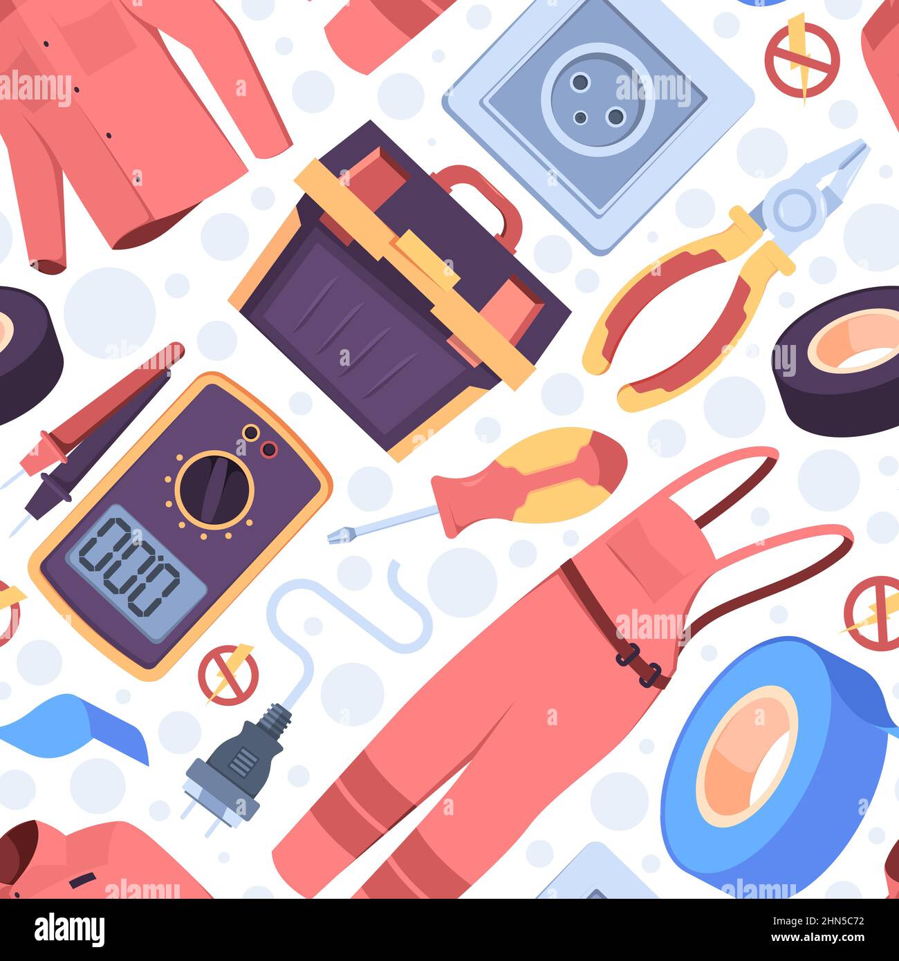 Modèle d'articles électriques. Outils de réparation professionnels pour les ingénieurs électriciens compteurs de tension tournevis électriques garish vector fond sans couture Illustration de Vecteur