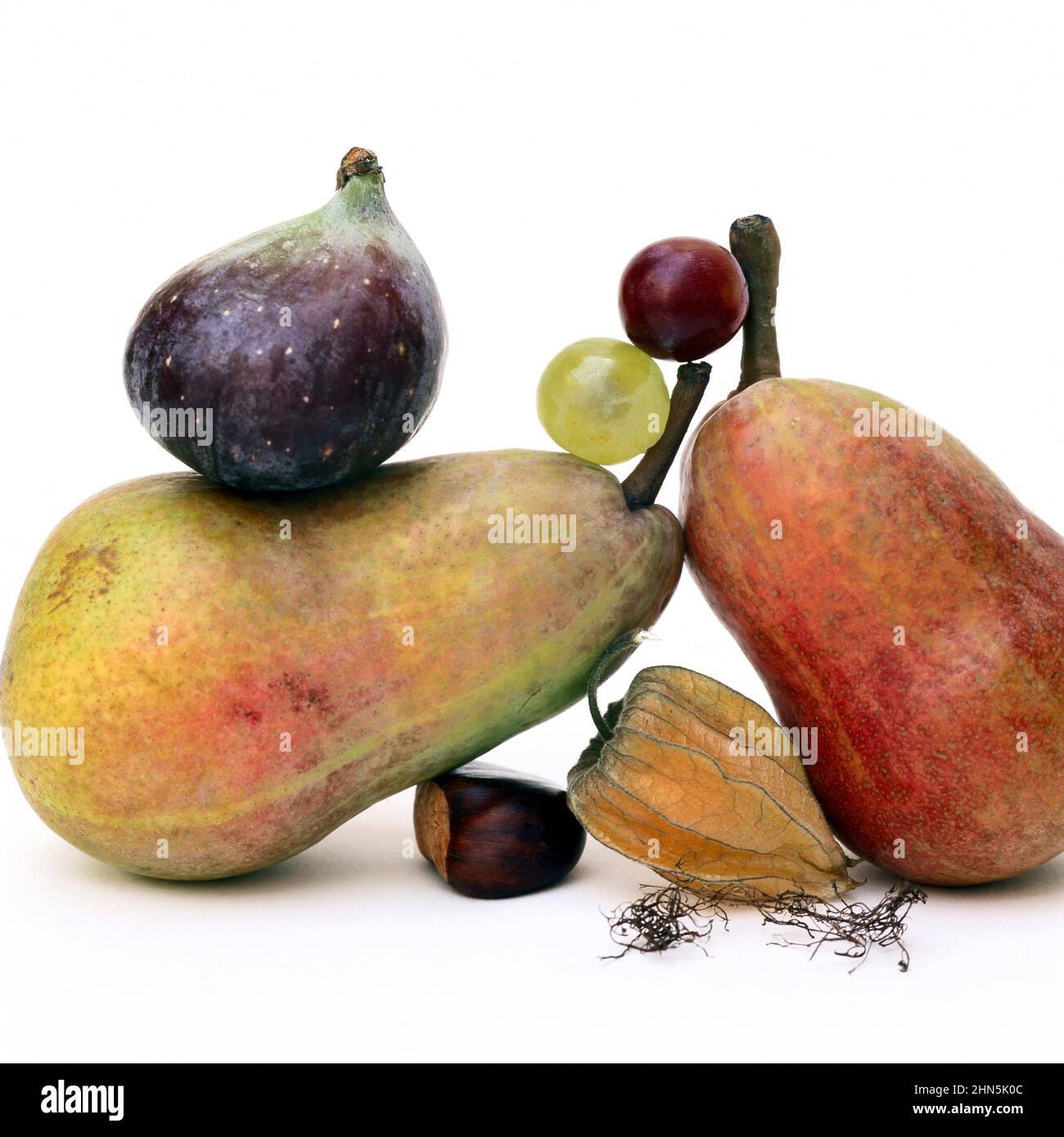 Assortiment de fruits frais, y compris des poires, des figues et des raisins disposés esthétiquement sur un fond blanc Banque D'Images