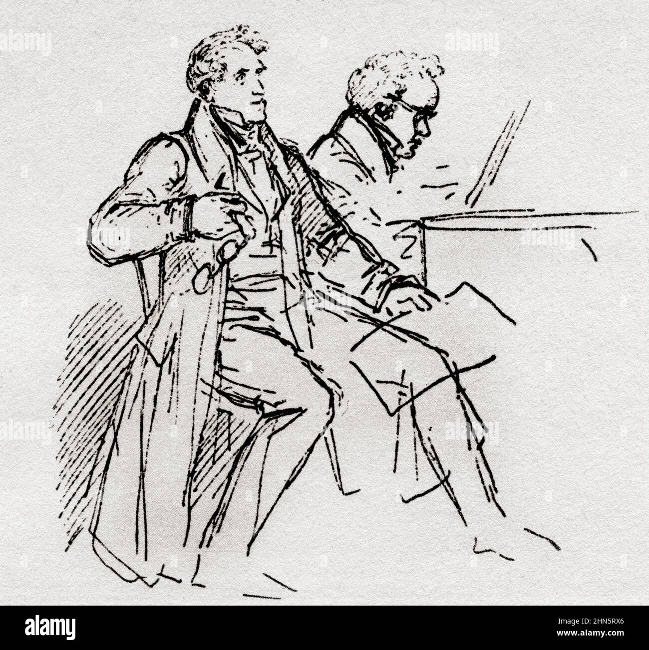 Johann Michael Vogl, à gauche, de 1768 à 1840. Chanteur et compositeur baryton autrichien. Franz Peter Schubert, à droite, 1797 – 1828. Compositeur autrichien. Vogl a été le premier interprète éminent des chansons de Schubert. Après un croquis de Moritz von Schwind. De l'âge d'or de Vienne, publié en 1948. Banque D'Images