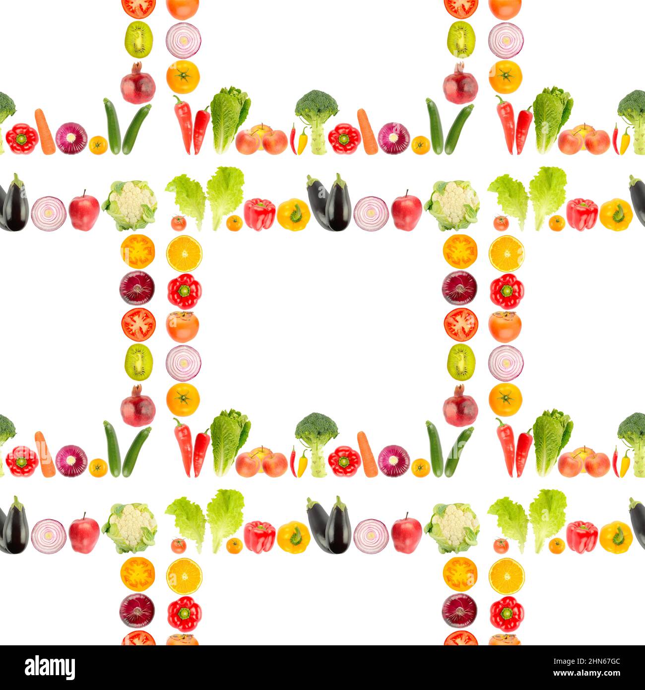Motif sans couture provenant d'un grand nombre de fruits et légumes frais et lumineux, isolés sur fond blanc. Banque D'Images