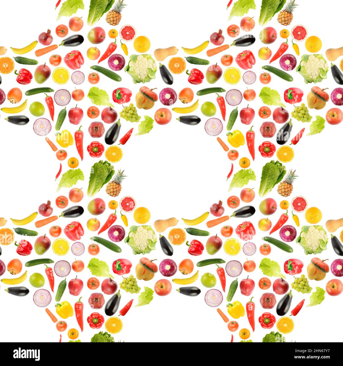 Motif sans couture provenant d'un grand nombre de fruits et légumes frais isolés sur fond blanc. Banque D'Images