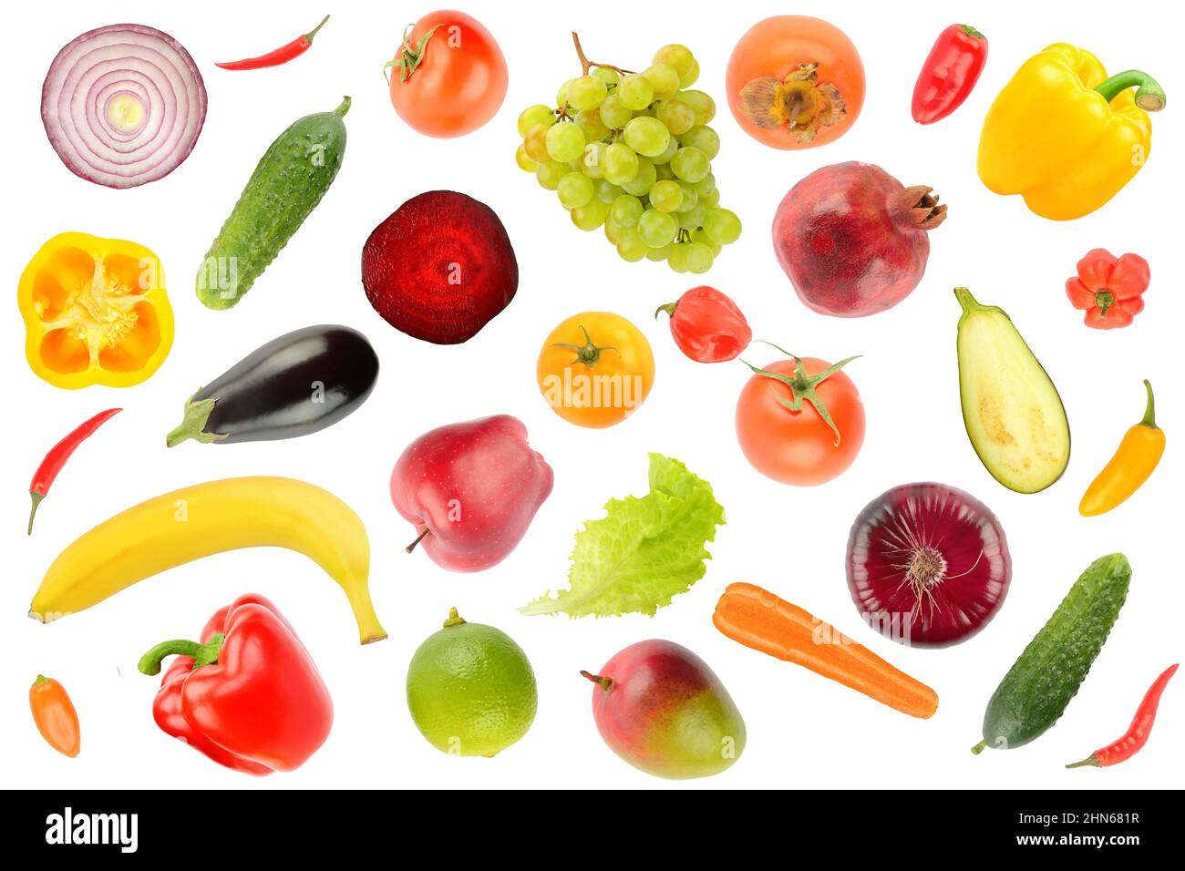Motif fruits et légumes isolé sur fond blanc. Banque D'Images