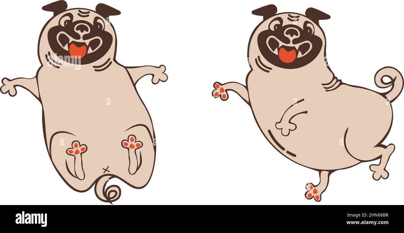 Jeu d'illustrations avec personnage animal drôle posant dessin de pug dans le style plat Illustration de Vecteur