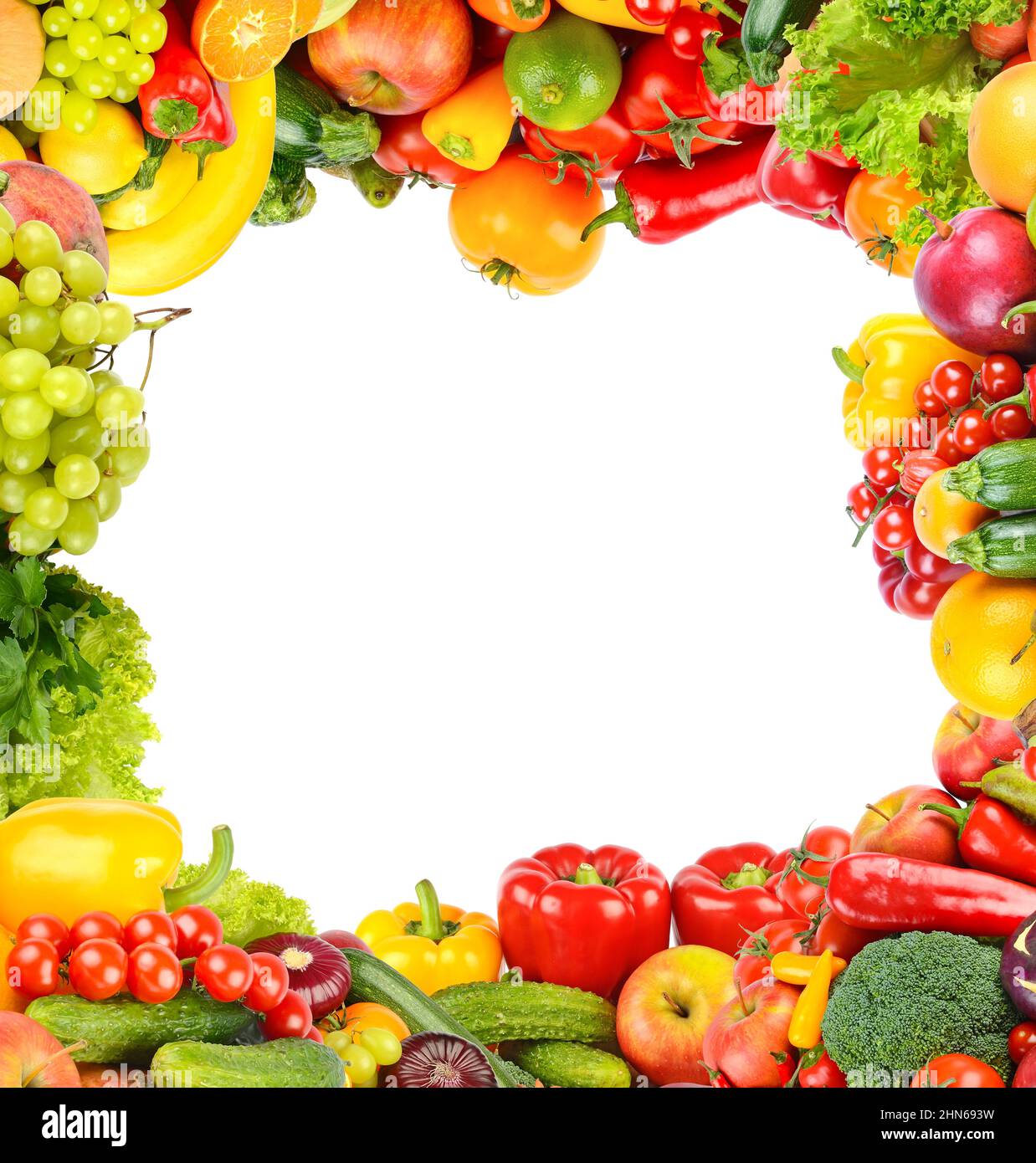 Fond carré de légumes frais et de fruits sous forme de cadre large. Isolé sur blanc. Banque D'Images