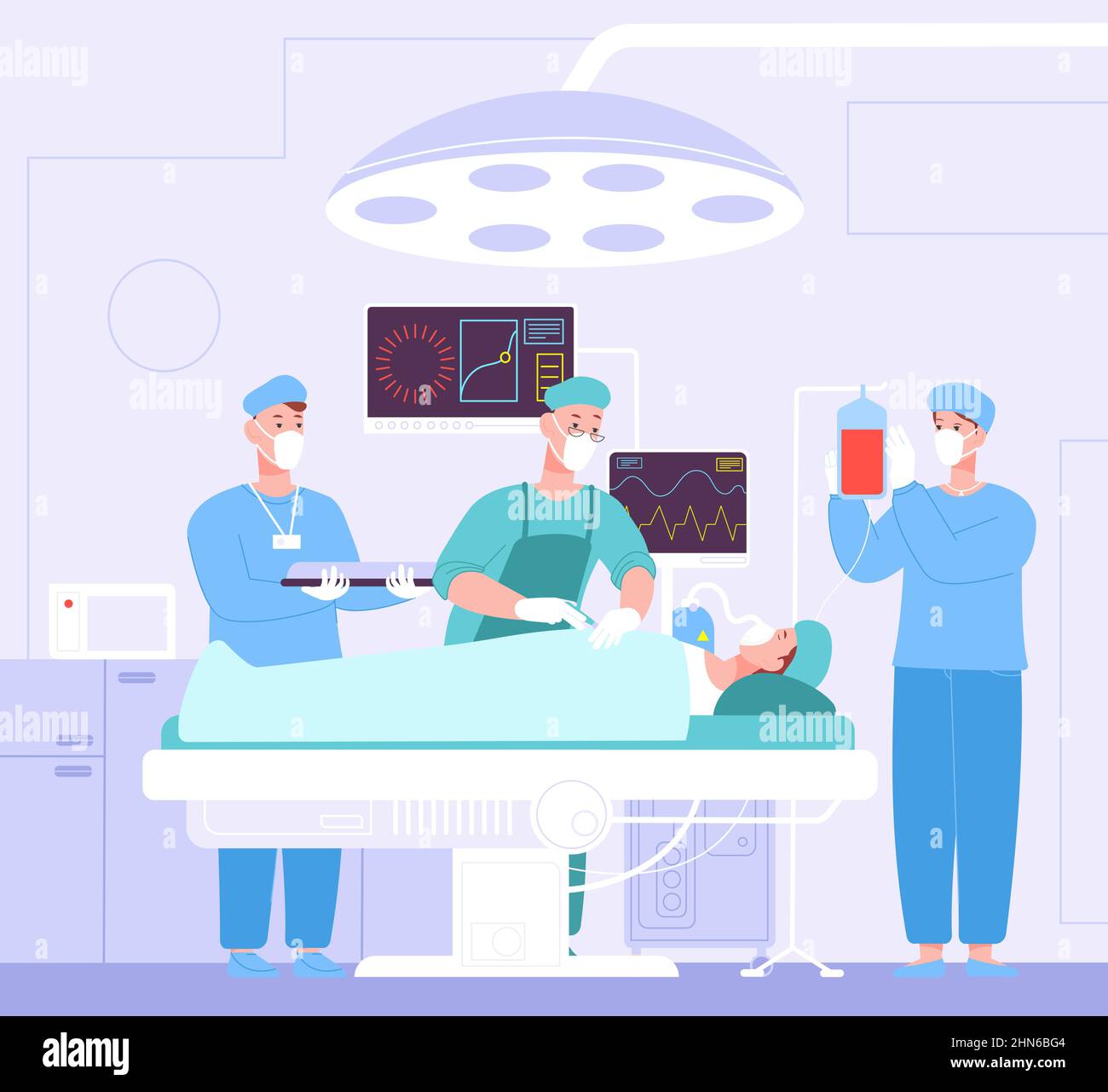 Patient sur la table d'opération. Théâtre d'opération de dessin animé sous la lampe chirurgicale hôpital, anesthésie médicale, équipe de chirurgiens avec scalpel sur la chirurgie plastique, illustration vectorielle. Salle d'opération de la table Illustration de Vecteur