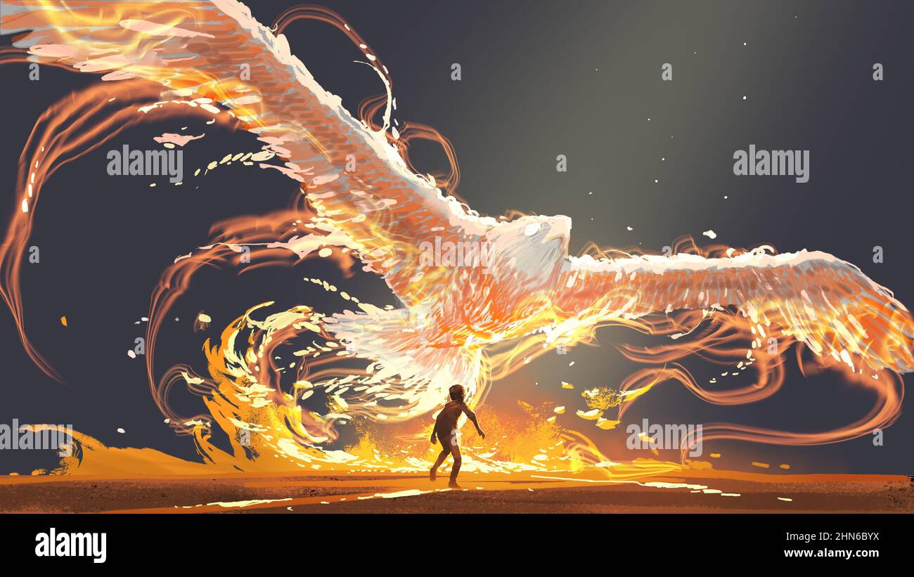 L'enfant regardant l'oiseau phoenix volant au-dessus de lui, style d'art numérique, peinture d'illustration Banque D'Images