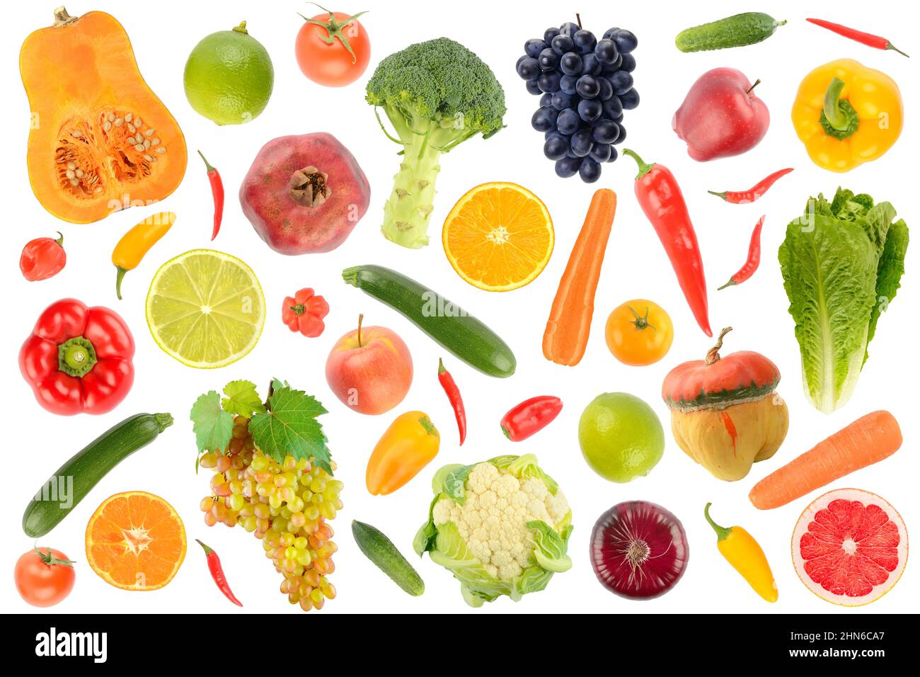 Motif abstrait. Grande collection de fruits et légumes frais isolés sur fond blanc. Banque D'Images