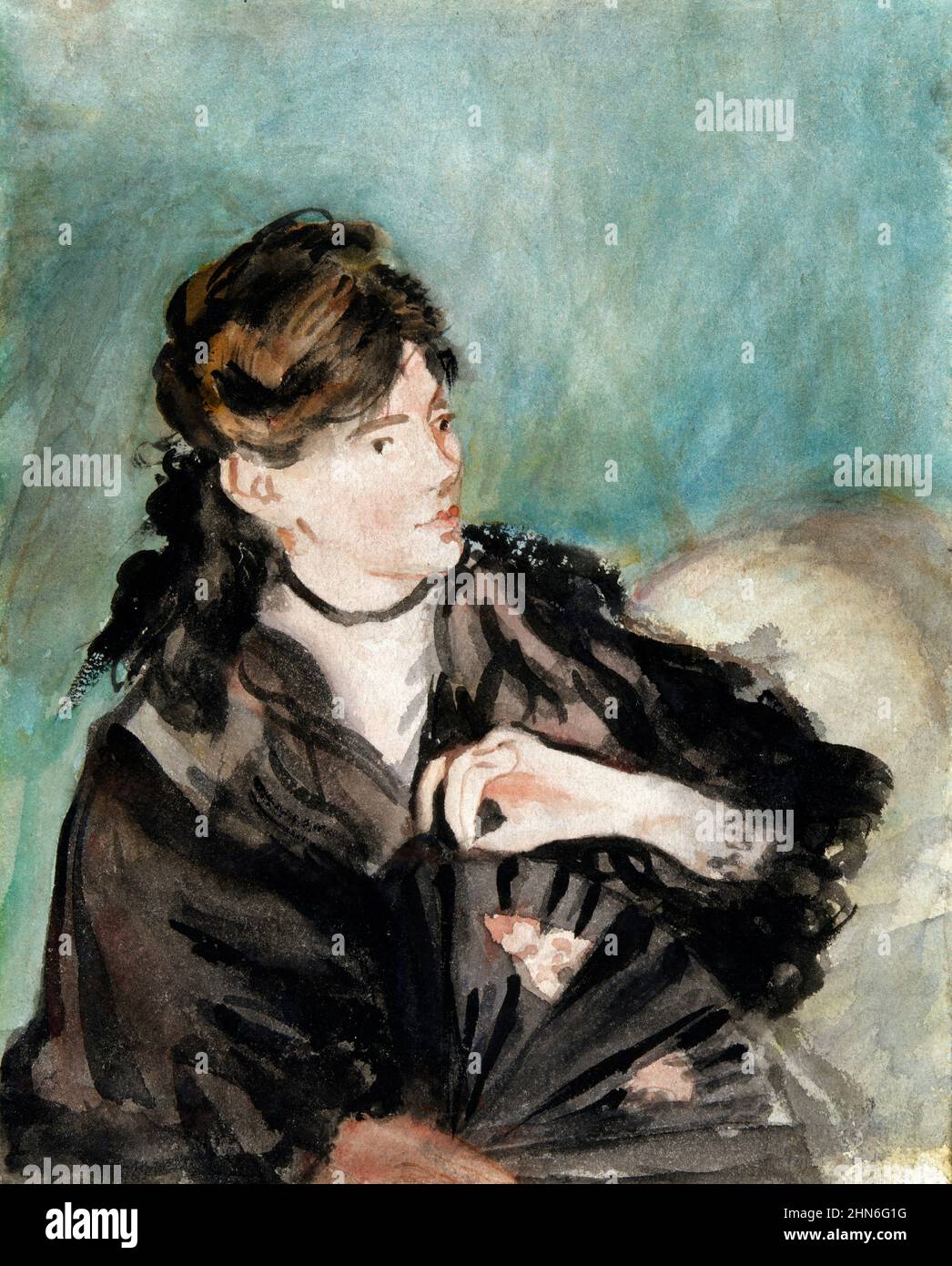 Portrait de Berthe Morisot avec un Fan par Edouard Manet (1832-1883), aquarelle sur des traces de graphite sur papier vélin crème, 1874 Banque D'Images