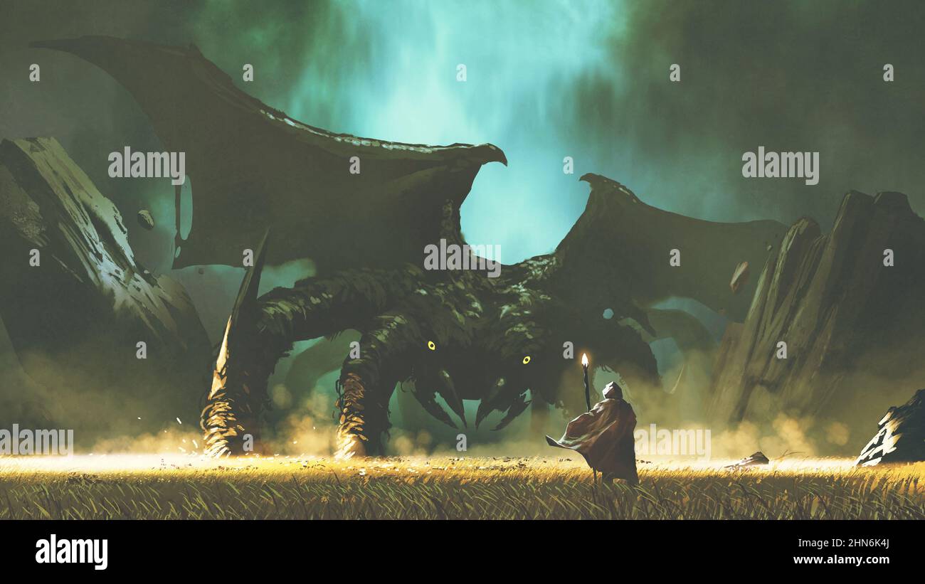 L'assistant lance un sort pour invoquer un monstre géant, style d'art numérique, peinture d'illustration Banque D'Images