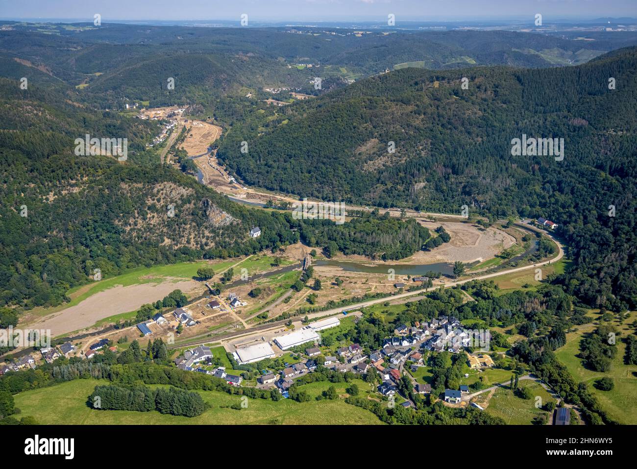 Luftbild, Überschwemmungsgebiet am Fluss Ahr im Ortsteil Pützfeld in Ahrbrück, Ahr-Hochwasser, Ahrtal, Rheinland-Pfalz, Allemagne, Ahrbrück, Ahrhoch Banque D'Images