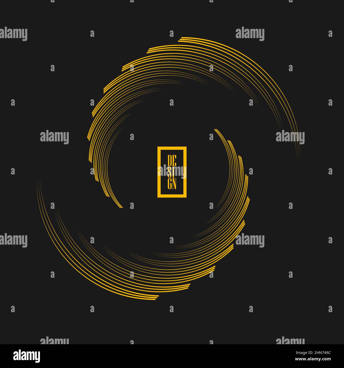 Lignes courbes de vitesse jaunes en forme de spirale abstraite. Arrière-plan gris. Élément de design tendance pour cadre rond, logo, signe, symbole, Web, tirages, badges Illustration de Vecteur