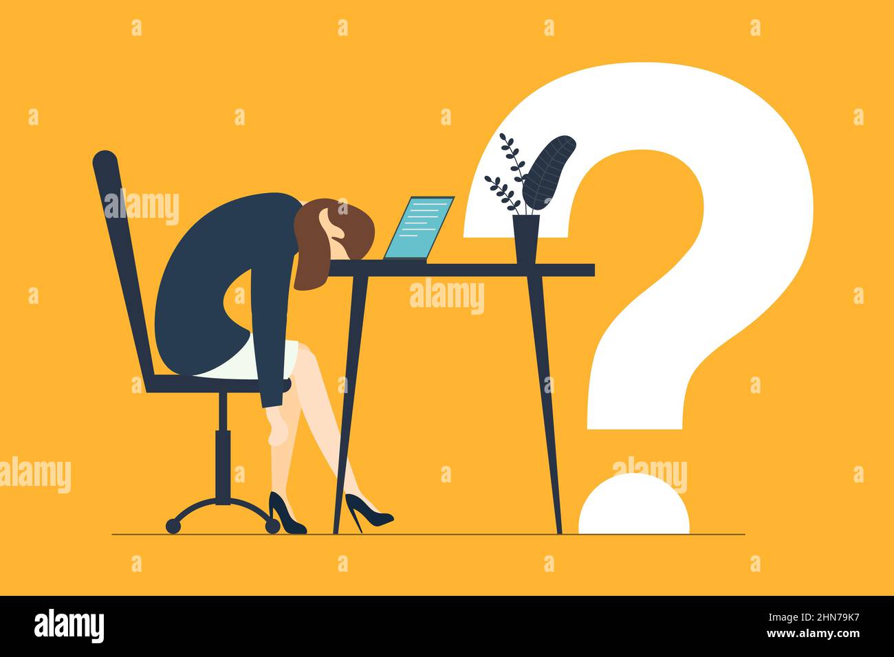 Épuisé malade femme fatiguée dans le bureau triste ennuyeux assis aucune idée tête vers le bas sur ordinateur portable avec grand point d'interrogation. Travailleur frustré problème de santé mentale. Syndrome d'épuisement professionnel. Longue journée de travail. EPS Illustration de Vecteur