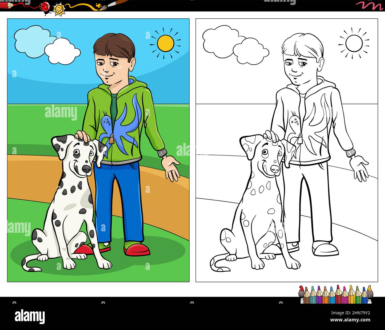 Illustration de dessin animé de garçon avec sa page de livre de coloriage de chien Illustration de Vecteur