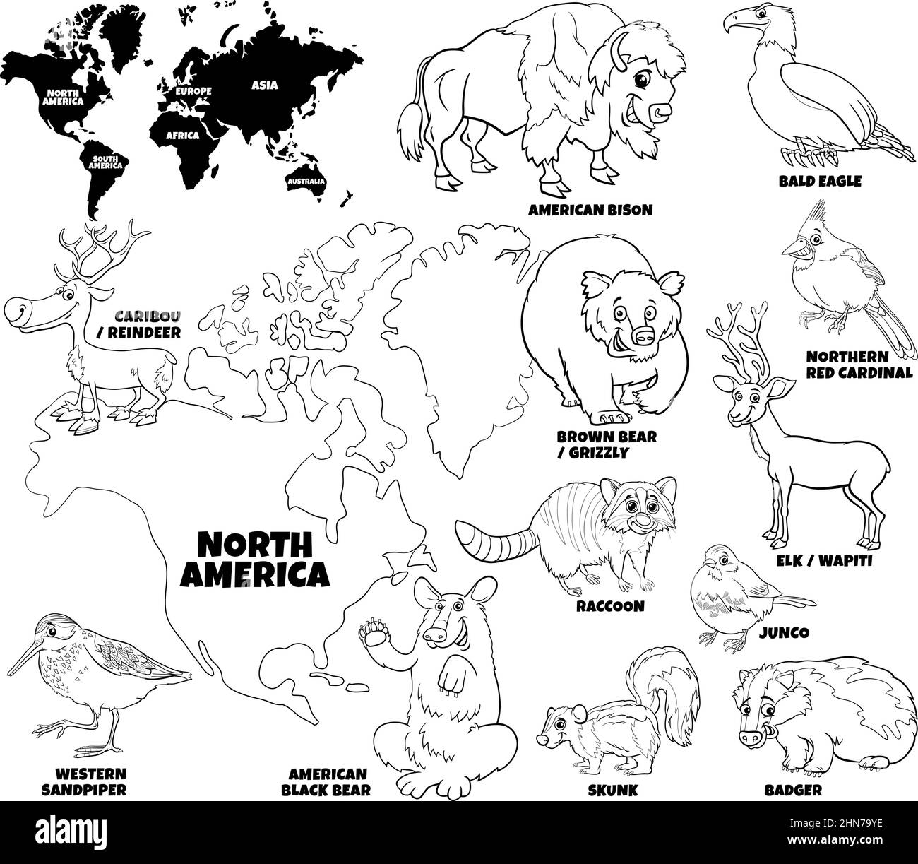 Dessin animé éducatif noir et blanc de l'ensemble de caractères d'animaux nord-américains et de la page de livre de coloriage de la carte du monde Illustration de Vecteur