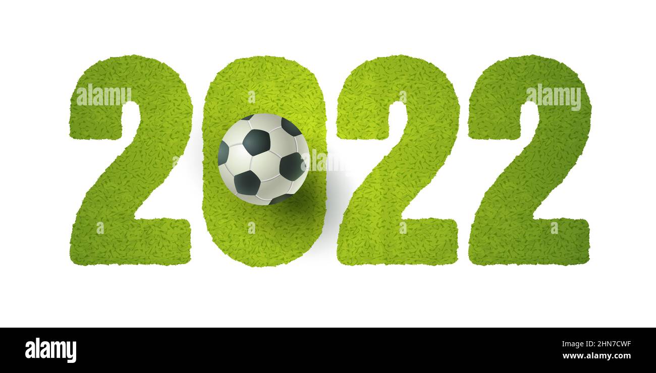 Ballon de football Vector sur terrain vert. Ballon de football sur herbe verte. Coupe du monde de football 2022. Logo football 2022. Illustration de Vecteur
