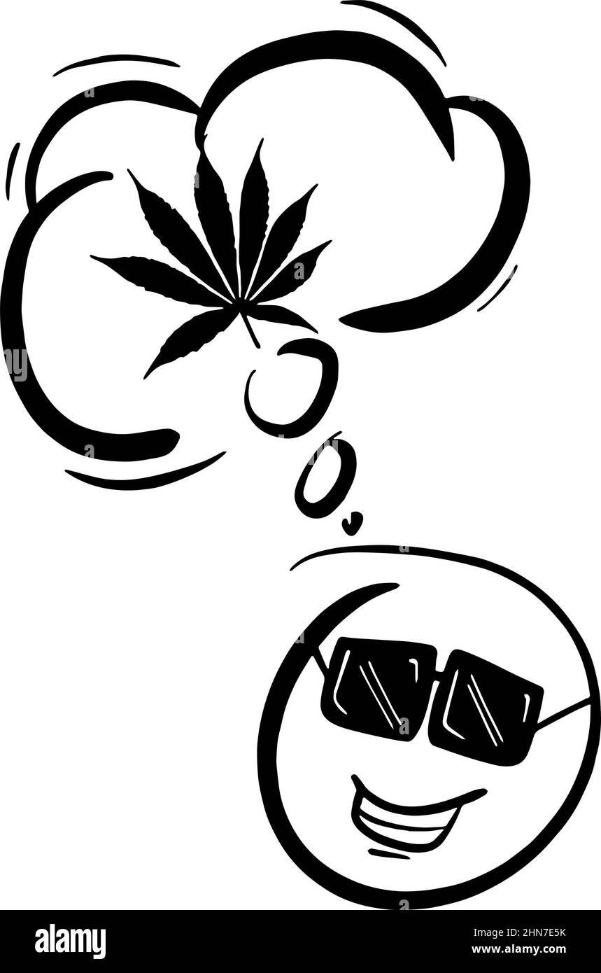 Caricature visage smiley avec lunettes de soleil pensant à la marijuana Illustration de Vecteur