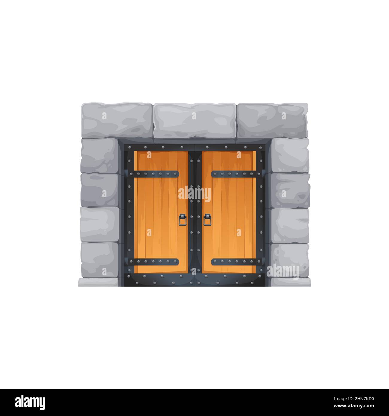 Porte du château carré, porte médiévale à vecteur de dessin animé avec portes en bois et montants de porte en pierre. Portail de l'arche de la forteresse, donjon de conte de fées ou palais voûté en Illustration de Vecteur