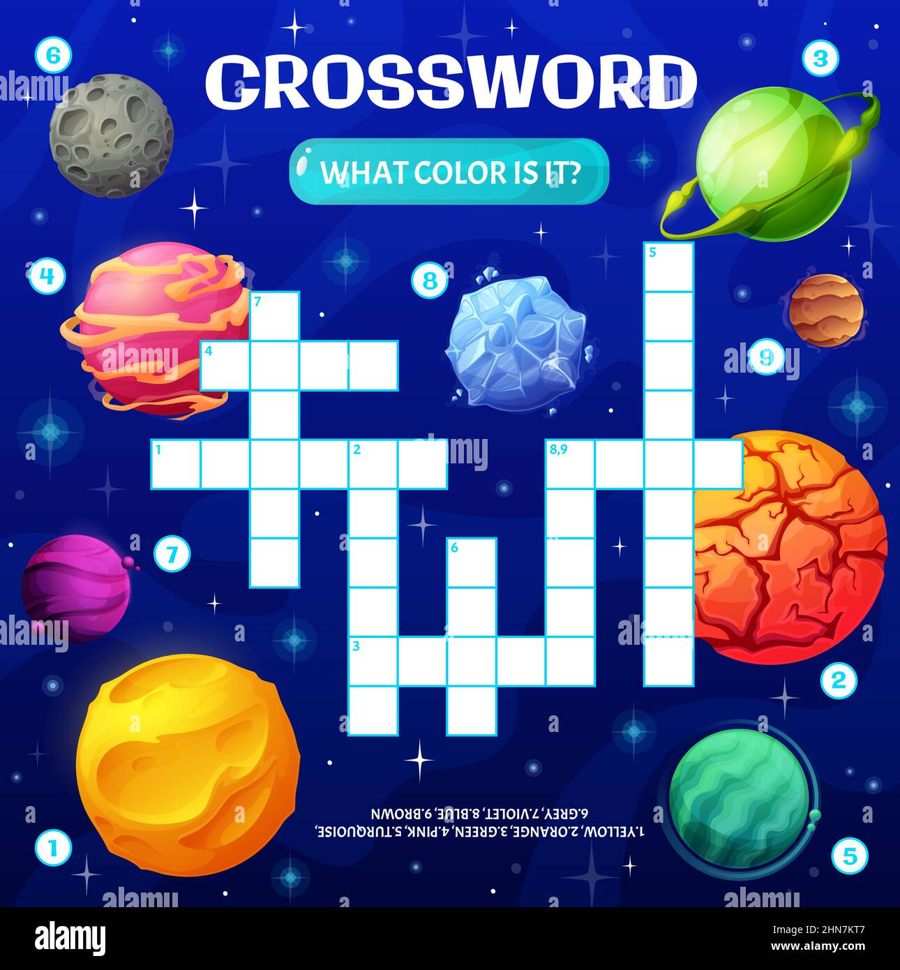 Grille de jeu de puzzle à mots croisés avec des planètes d #39 espace de couleur de dessin animé Grille de jeu de puzzle à mots croisés avec des planètes d #39 espace de couleur de dessin animé