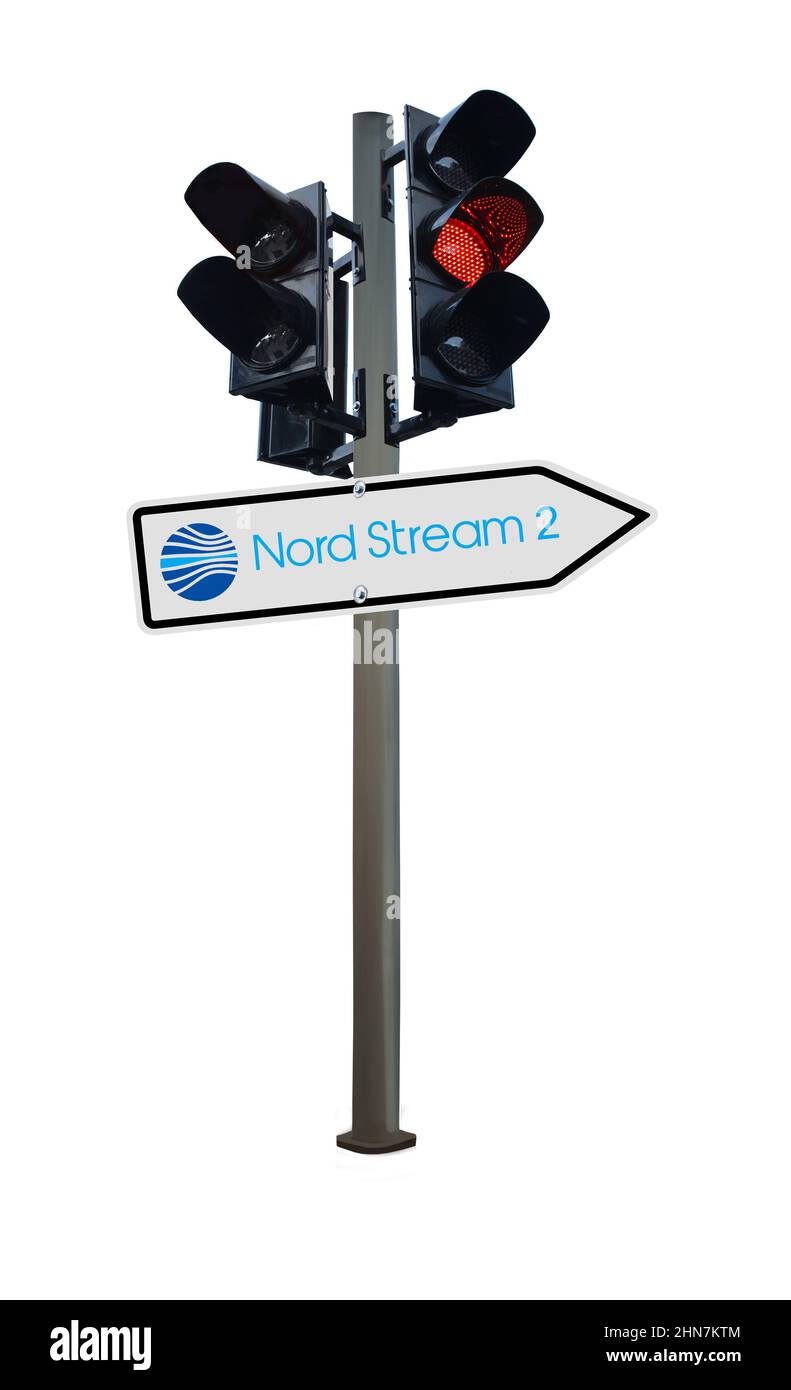 Image symbole Nord Stream 2 : feu de signalisation avec panneau de signalisation avec logo sur fond blanc Banque D'Images