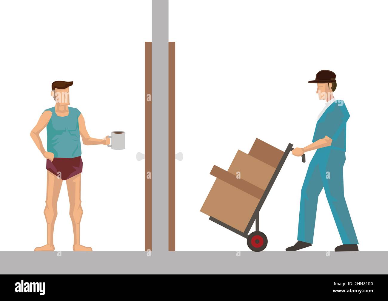 Service de livraison par messagerie avec boîtes à la maison. Illustration vectorielle de personnage de dessin animé plat isolée sur fond blanc. Illustration de Vecteur