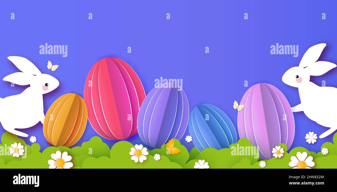 Carte de voeux à motif joyeuses Pâques avec lapins blancs mignons, coupe en papier.Lapin, fleurs et papillon.Vacances de printemps dans un style moderne.Chasse aux œufs de Pâques Illustration de Vecteur