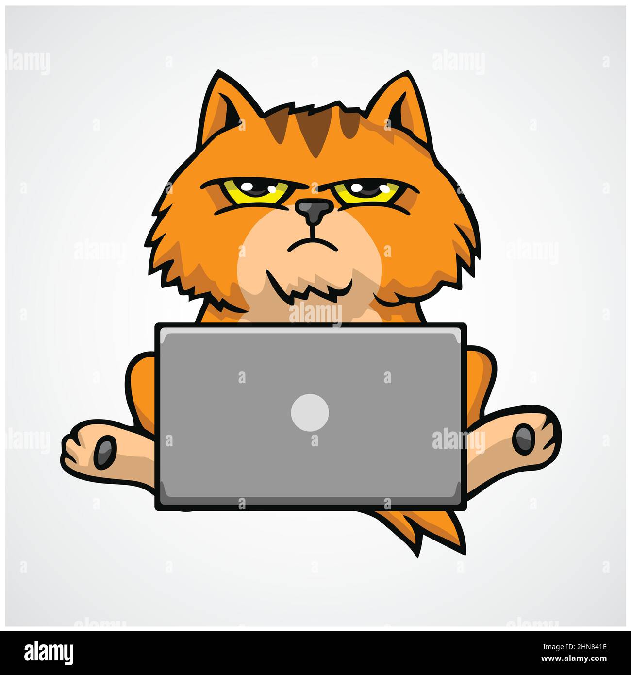 Cat grincheux mignon travailler sur ordinateur portable dessin animé Illustration de l'icône Illustration de Vecteur