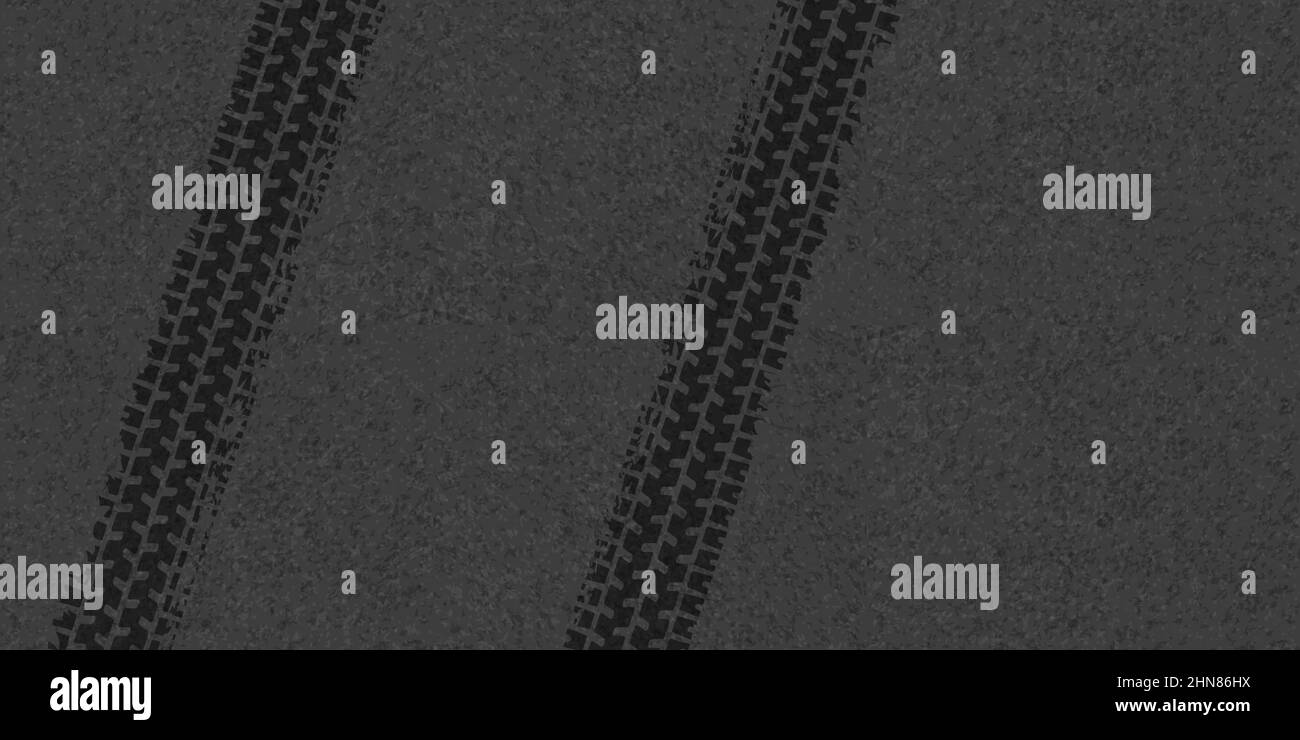 Pneus chenilles sur fond d'asphalte, imprimés de pneus de grunge oflad, motif noir abstrait de roues d'automobile. Rallye, traces sales droites de motocross, texture des sentiers tout-terrain, illustration vectorielle réaliste Illustration de Vecteur
