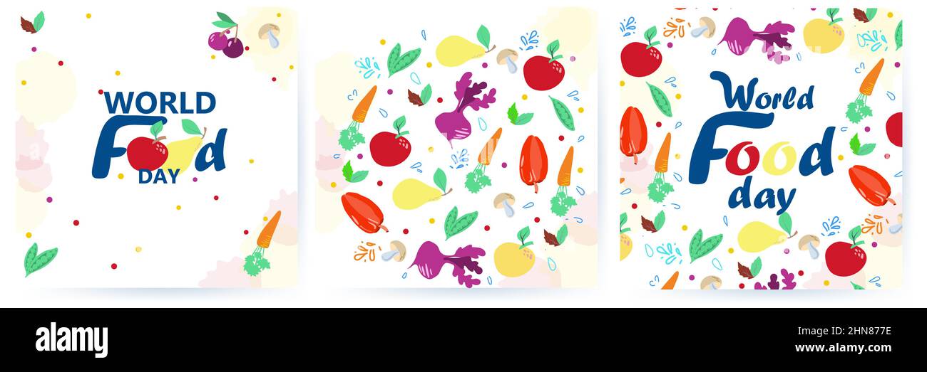 Illustration de la Journée mondiale de l'alimentation. Octobre 16. Légumes et fruits, champignons, herbes et épices. Ensemble de milieux alimentaires colorés Illustration de Vecteur