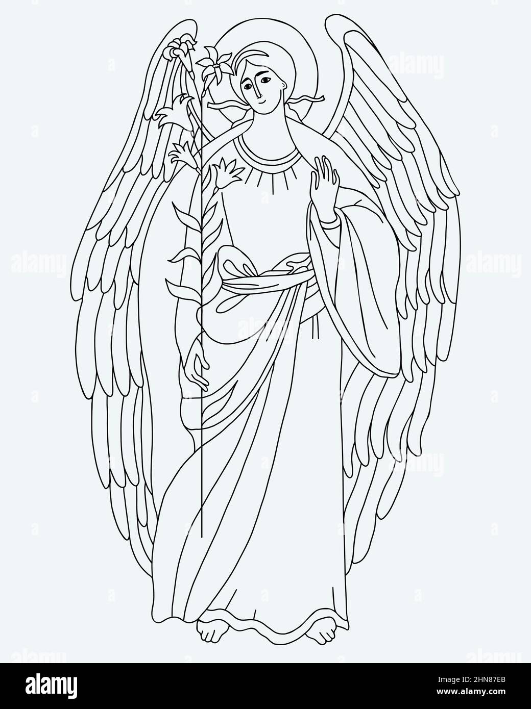Archange Gabriel avec nénuphars. Messager céleste. Illustration vectorielle.dessin linéaire religieux pour les fêtes catholiques et orthodoxes Saint Archange Illustration de Vecteur