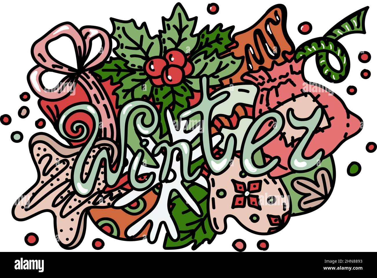 Bannière de Noël. Lettrage à la main dans un style de caniche. Hiver. Noël. Objets et symboles congés. Nouvelle année. Cadeau, pain d'épice, plantes et Illustration de Vecteur