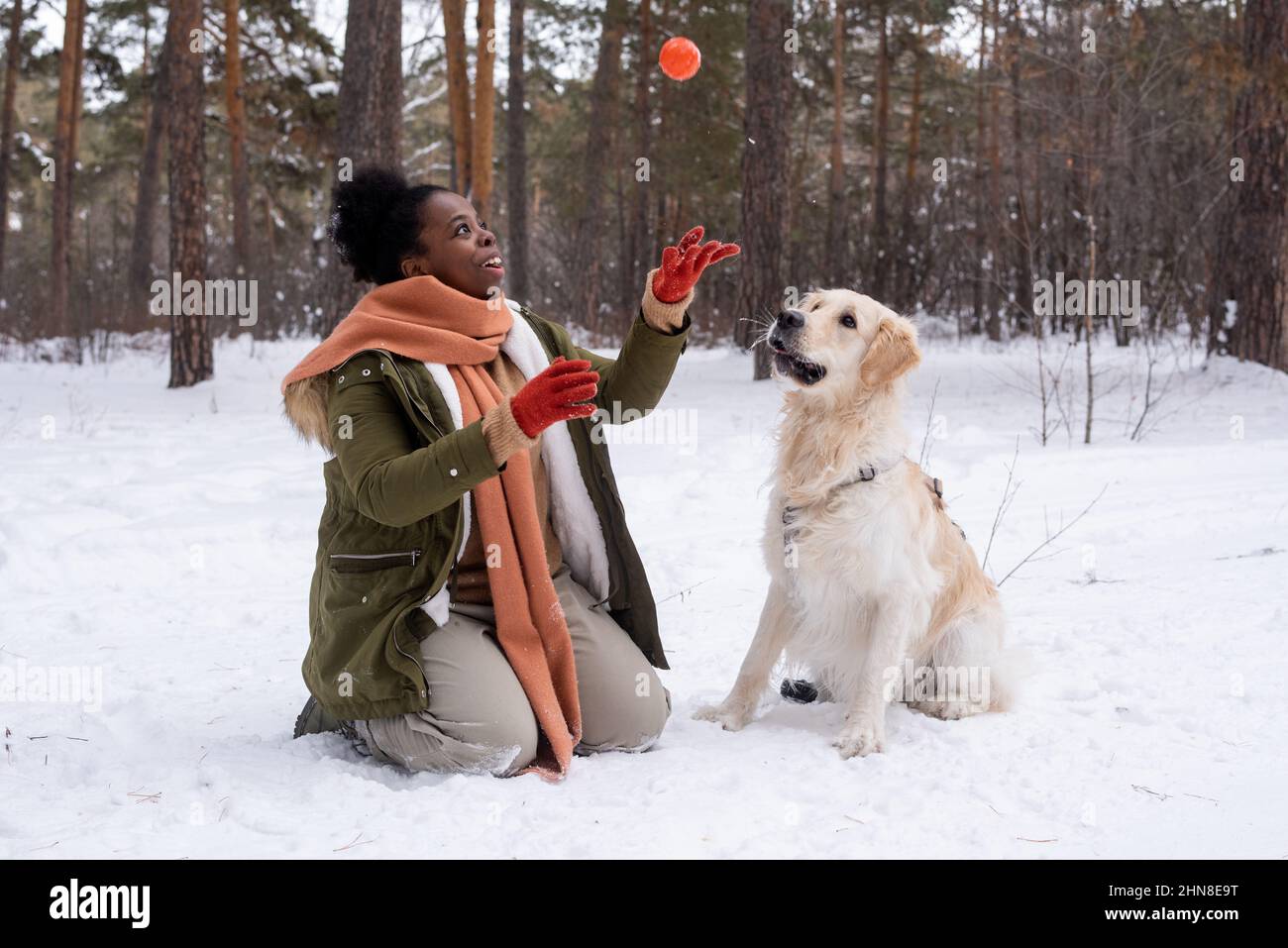 Femme africaine en vêtements chauds jouant au ballon avec son chien pendant leur marche dans la forêt en hiver Banque D'Images