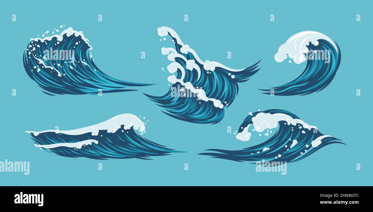 Illustration de la conception plate du vecteur océanique et de la vague marine.jeu de jets d'eau isolé.ressource éléments graphiques. Illustration de Vecteur