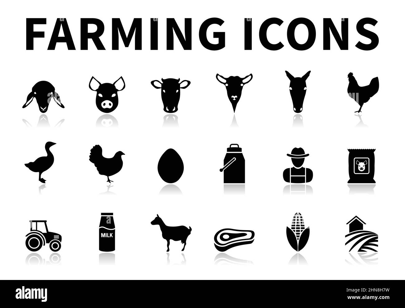 Jeu d'icônes d'agriculture noir et blanc de mouton, porc, vache, chèvre, cheval, Coq, OIE, poulet, œuf, lait, Agriculteur, concentré, tracteur, bouteille, animal, Moi Illustration de Vecteur