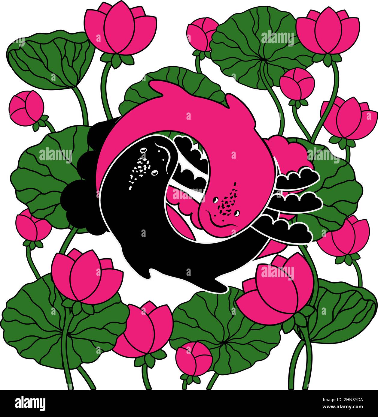 Joli axolotl, illustration vectorielle de style dessin animé. Loteries roses avec feuilles. Yin et Yang. Axolotl rose et chocolat. Logo dans une ligne tendance Illustration de Vecteur