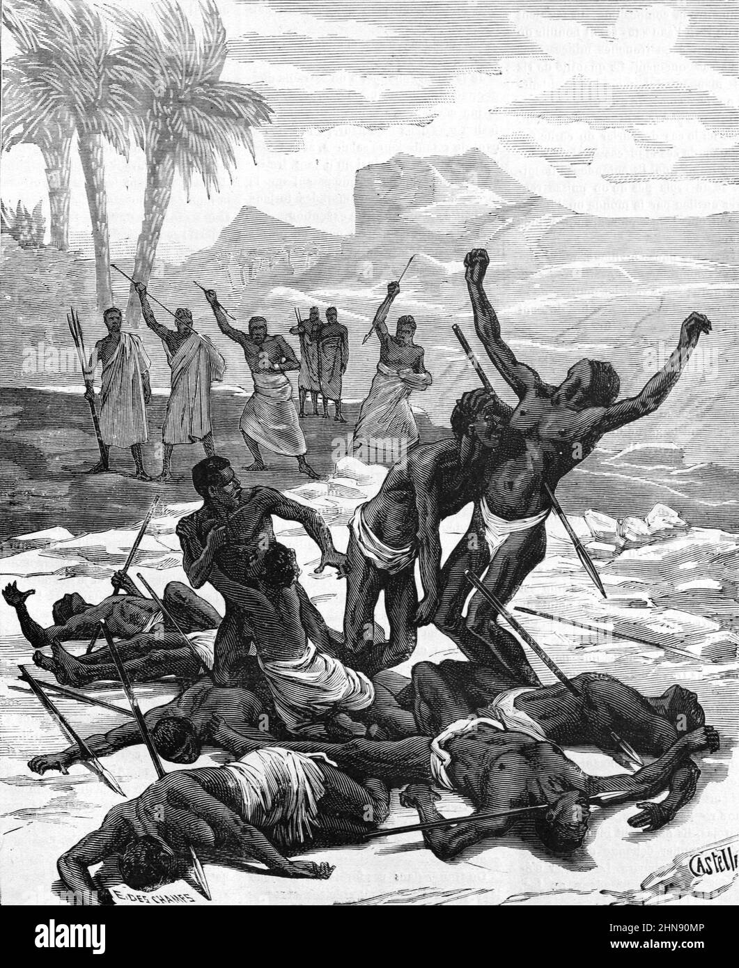 Des esclaves ont été massacrés à Madagascar dans le cadre d'une guerre ou d'un conflit inter-tribaux. Illustration ancienne ou gravure 1882 (Castelli) Banque D'Images