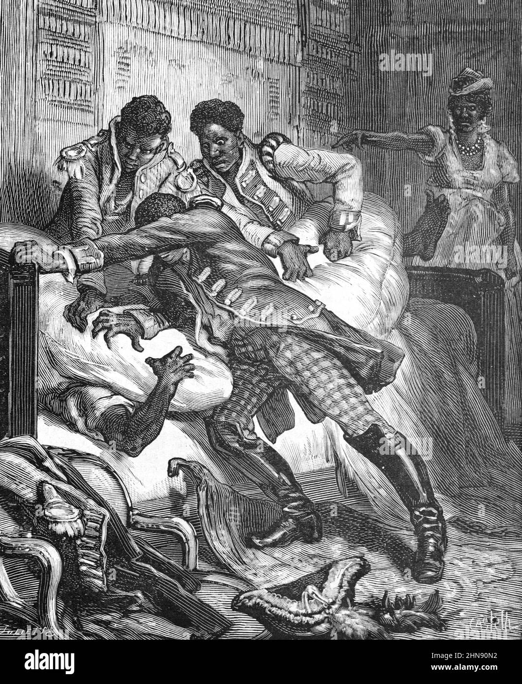 Assassinat du roi Radama II (1829-1863) de Madagascar en 1863 (contesté) lorsque des officiers et des soldats de l'armée ont forcé leur chemin dans le Palais de Rova à Antananarivo Madagascar. Illustration ancienne ou gravure 1882 (Castelli) Banque D'Images