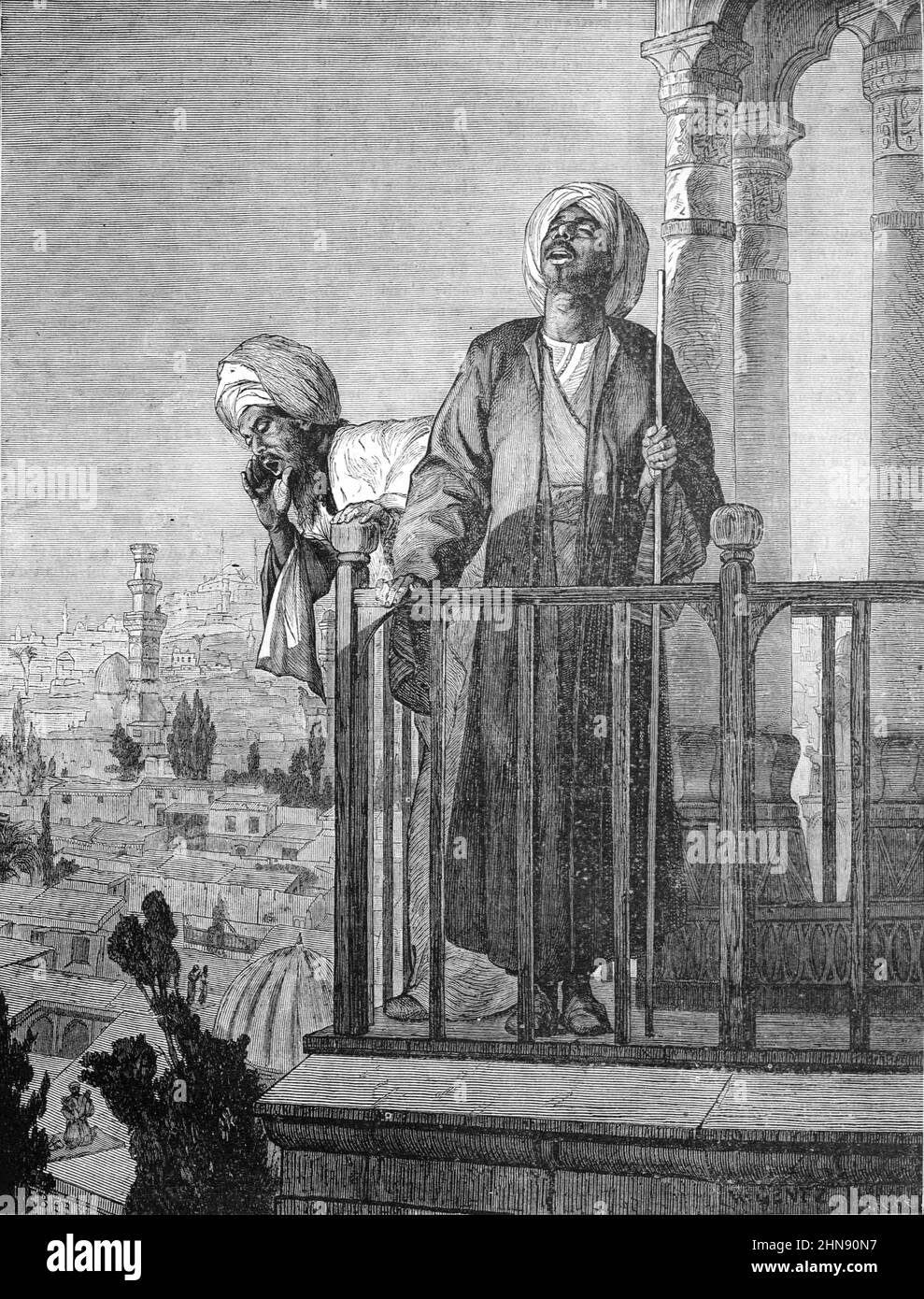 Muezzin appel à la prière du Minaret de la Mosquée Alexandrie Egypte. Illustration ancienne ou gravure 1882 Banque D'Images