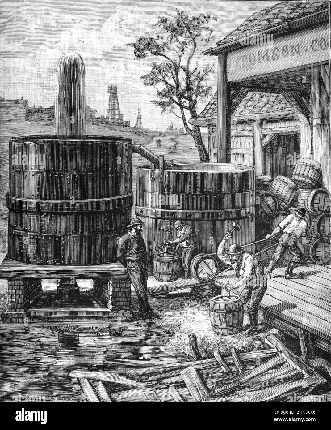 Early Oil Industry, Oil Wells et Oil rigs aux États-Unis d'Amérique ou aux États-Unis. Illustration ancienne ou gravure 1883 (Castelli) Banque D'Images