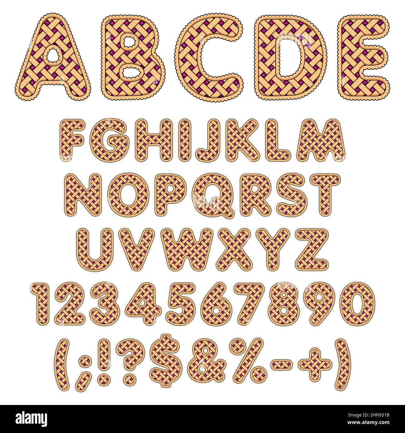 Alphabet, lettres, chiffres et signes de la tarte aux baies.Objets vectoriels isolés sur fond blanc. Illustration de Vecteur