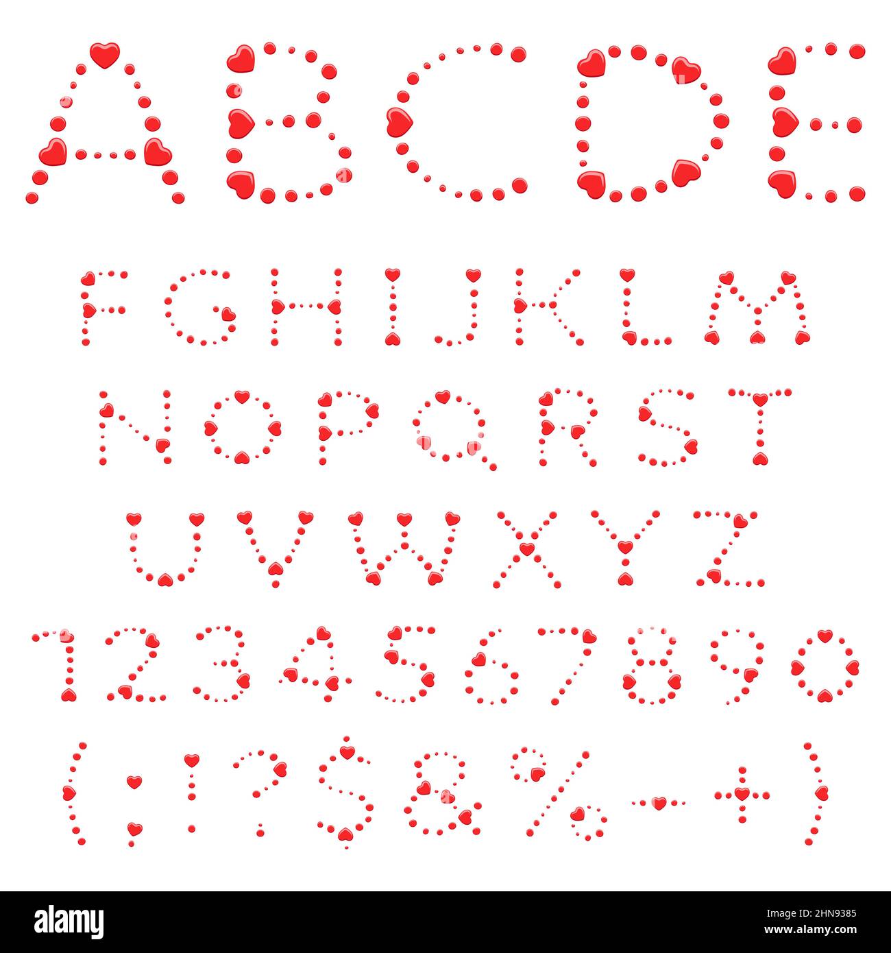 Alphabet, lettres, chiffres et signes composés de cercles et de coeurs rouges. Objets vectoriels isolés sur fond blanc. Illustration de Vecteur